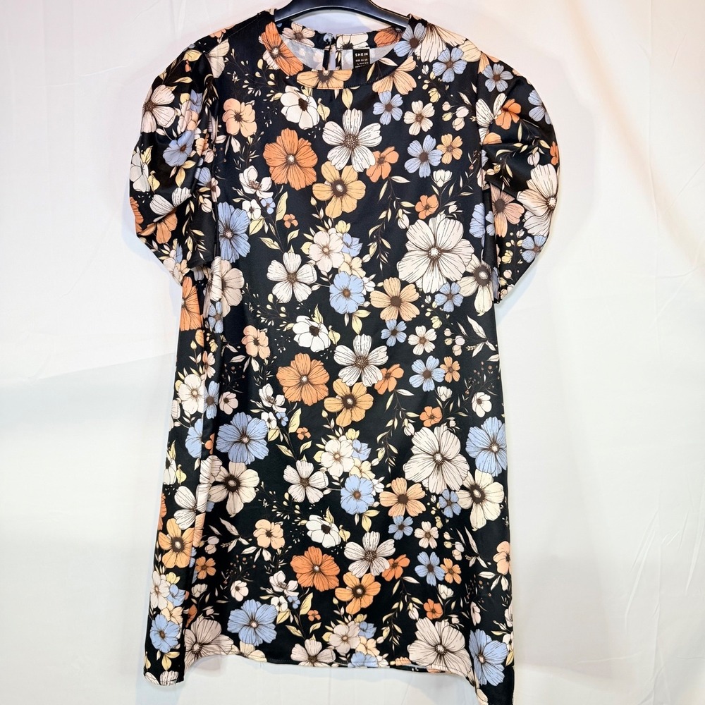 SHEIN Women's Black Multi Floral Puff Sleeve Shift Dress L (US 8/10)